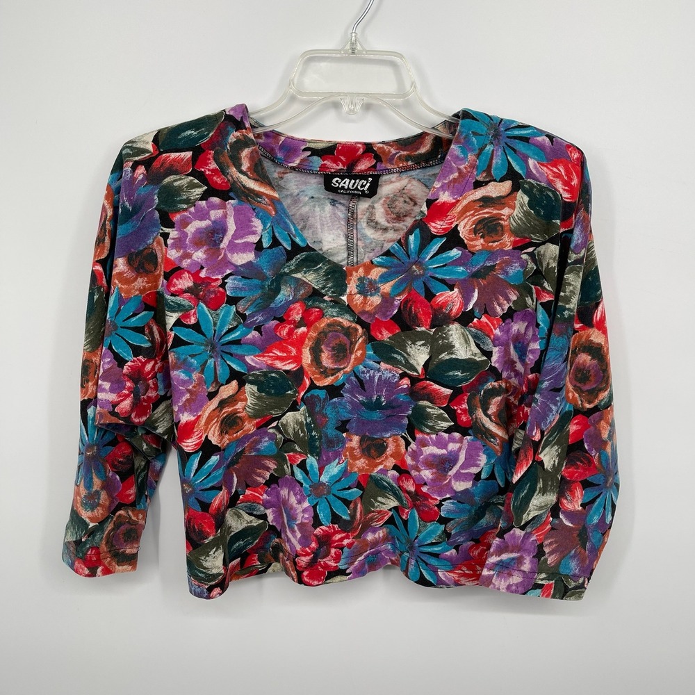 Sauci California Vintage Women's Multicolor Floral 3/4 Sleeve Crop Top Sz M/L